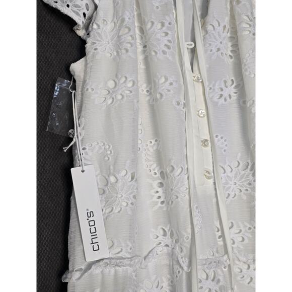 Chicos Midi Dress Sz 00 US 2 Alabaster White Eyelet Peasant Tie Prairie Tiered - Picture 6 of 7